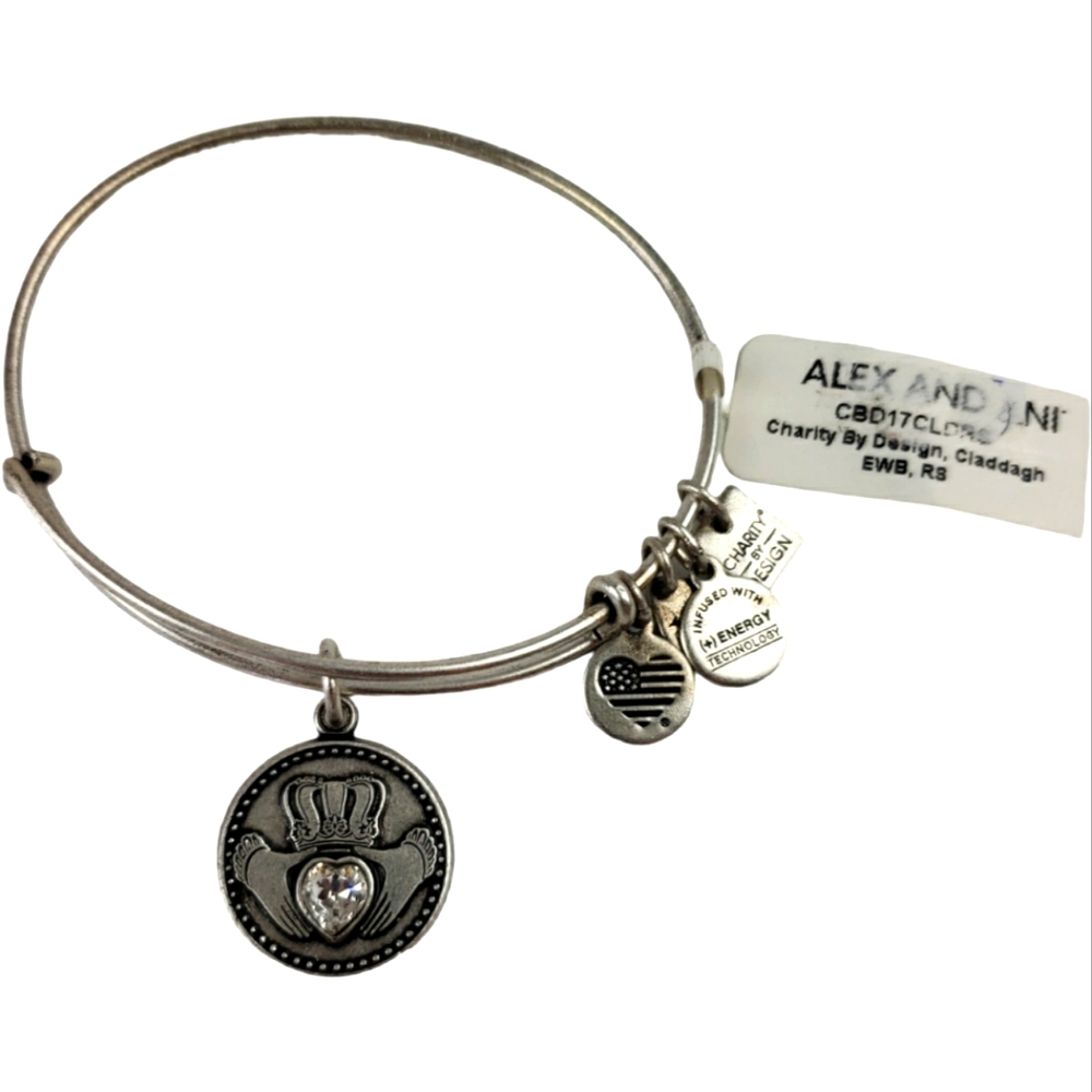 Women's Alex and Ani Claddagh Charm Bangle Bracelet NWT in Silver Finish